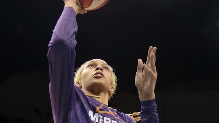 Jun 27, 2015; Minneapolis, MN, USA; Phoenix Mercury center Brittney Griner (42) warms up before the game against the Minnesota Lynx at Target Center. Mandatory Credit: Brad Rempel-Imagn Images