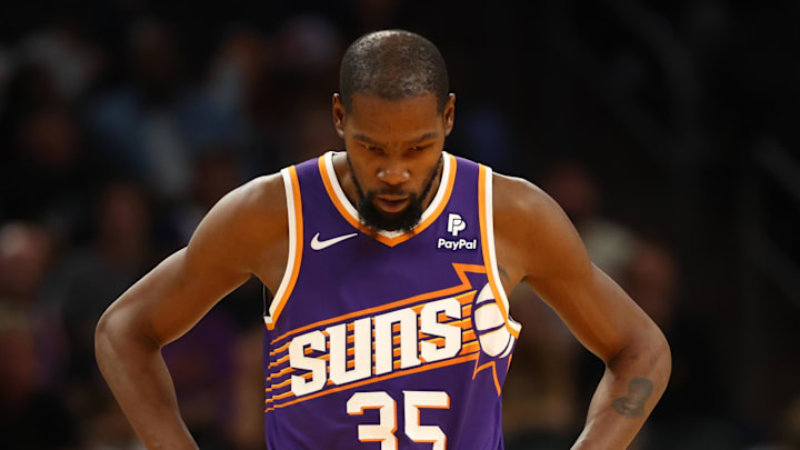 Nov 2, 2023; Phoenix, Arizona, USA; Phoenix Suns forward Kevin Durant (35) reacts against the San Antonio Spurs at Footprint Center. Mandatory Credit: Mark J. Rebilas-Imagn Images