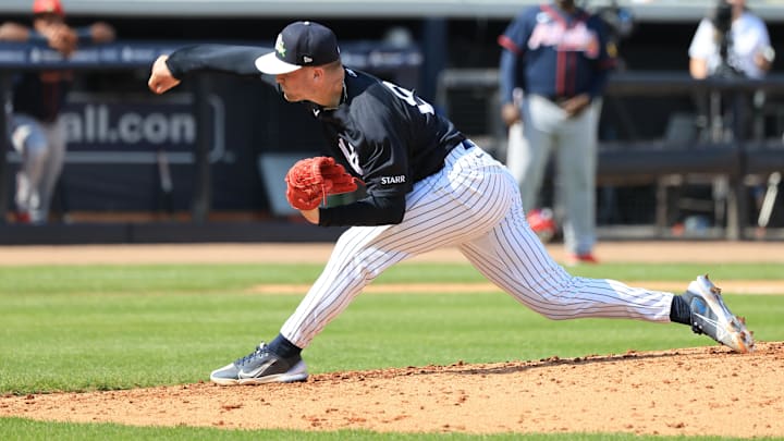 Feb 26, 2026; Tampa, Florida, USA;  New York Yankees pitcher Cade Winquest (80) throws a pitch during the fourth inning against the Atlanta Braves at George M. Steinbrenner Field. Mandatory Credit: Kim Klement Neitzel-Imagn Images