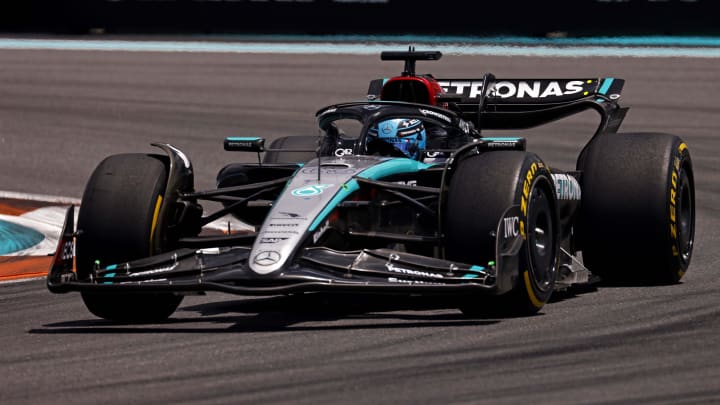 May 4, 2024; Miami Gardens, Florida, USA; Mercedes driver George Russell (63) during the F1 Sprint Race at Miami International Autodrome. Mandatory Credit: Peter Casey-USA TODAY Sports
