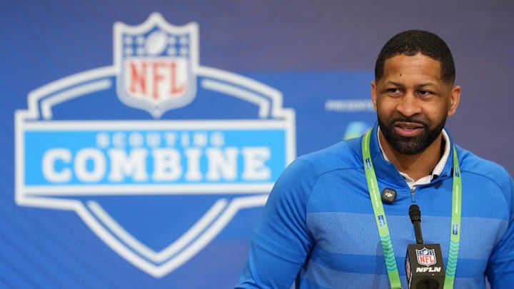 Feb 24, 2026; Indianapolis, IN, USA; Cleveland Browns general manager Andrew Berry speaks at the NFL Scouting Combine at the Indiana Convention Center. Mandatory Credit: Kirby Lee-Imagn Images