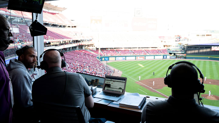 Cincinnati Reds first baseman Joey Votto participates in the live television broadcast of the Cincinnati Reds with Barry Larkin and John Sadak in the second inning of the MLB game between between the Cincinnati Reds and the St. Louis Cardinals at Great American Ball Park in Cincinnati, Wednesday, Aug. 31, 2022.
St Louis Cardinals At Cincinnati Reds Cincinnati Reds first baseman Joey Votto participates in the live television broadcast of the Cincinnati Reds with Barry Larkin and John Sadak in the second inning of the MLB game between between the Cincinnati Reds and the St. Louis Cardinals at Great American Ball Park in Cincinnati, Wednesday, Aug. 31, 2022.
St Louis Cardinals At Cincinnati Reds