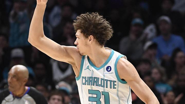 Dec 29, 2025; Charlotte, North Carolina, USA;  Charlotte Hornets forward Tidjane Salaun (31) reacts after scoring during the first half agains the Milwaukee Bucks at the Spectrum Center. Mandatory Credit: Sam Sharpe-Imagn Images
