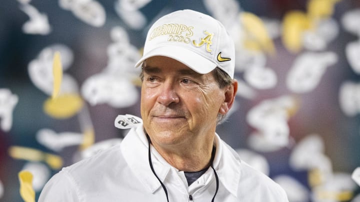 Jan 11, 2021; Miami Gardens, Florida, USA; Alabama Crimson Tide head coach Nick Saban celebrates after defeating the Ohio State Buckeyes in the 2021 College Football Playoff National Championship Game. Mandatory Credit: Mark J. Rebilas-Imagn Images