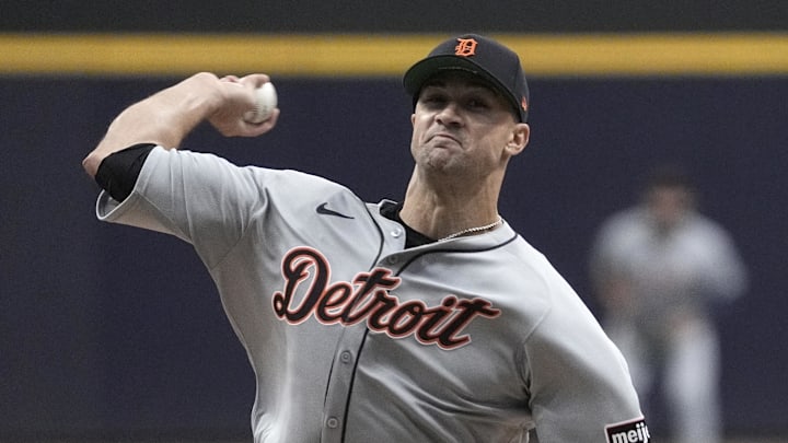 Apr 15, 2025; Milwaukee, Wisconsin, USA; Detroit Tigers pitcher Jack Flaherty (9) delivers a pitch against Milwaukee Brewers in the first inning at American Family Field.