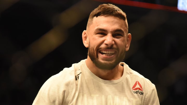 Jan 25, 2020; Raleigh, NC, USA; Alex Perez (blue gloves) defeats Jordan Espinosa (red gloves) during UFC Fight Night at PNC Arena. Jan 25, 2020; Raleigh, NC, USA; Alex Perez (blue gloves) defeats Jordan Espinosa (red gloves) during UFC Fight Night at PNC Arena.