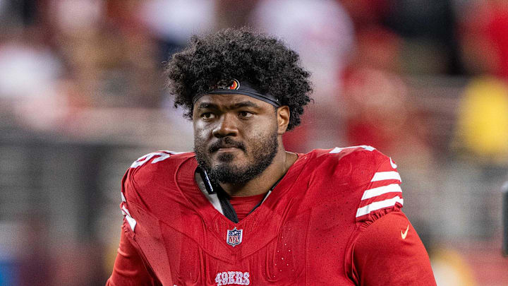 August 19, 2023; Santa Clara, California, USA; San Francisco 49ers guard Jaylon Moore (76) after the game against the Denver Broncos at Levi's Stadium. Mandatory Credit: Kyle Terada-Imagn Images