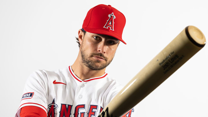 Feb 18, 2026; Tempe, AZ, USA; Los Angeles Angels outfielder Josh Lowe poses for a portrait during photo day at Tempe Diablo Stadium.  Mandatory Credit: Mark J. Rebilas-Imagn Images