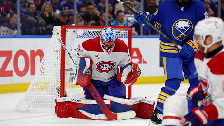 May 8, 2026; Buffalo, New York, USA; Montréal Canadiens goaltender Jakub Dobes (75) makes a blocker save during the second period against the Buffalo Sabres in game two of the second round of the 2026 Stanley Cup Playoffs at KeyBank Center. Mandatory Credit: Timothy T. Ludwig-Imagn Images