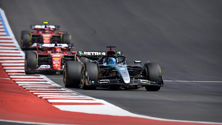 Oct 19, 2024; Austin, Texas, USA; Mercedes AMG Petronas F1 Team driver George Russell (63) of Team Great Britain drives during the Sprint Race in the 2024 Formula One US Grand Prix at Circuit of the Americas. Mandatory Credit: Jerome Miron-Imagn Images Oct 19, 2024; Austin, Texas, USA; Mercedes AMG Petronas F1 Team driver George Russell (63) of Team Great Britain drives during the Sprint Race in the 2024 Formula One US Grand Prix at Circuit of the Americas. Mandatory Credit: Jerome Miron-Imagn Images