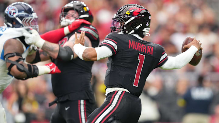 Oct 5, 2025; Glendale, Arizona, USA; Arizona Cardinals quarterback Kyler Murray (1) makes a throw during the third quarter against the Tennessee Titans at State Farm Stadium. Mandatory Credit: Joe Camporeale-Imagn Images
