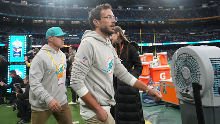 Miami Dolphins head coach Mike McDaniel walks onto the field prior to the 2025 NFL Madrid Game against the Washington Commanders at Santiago Bernabeu Stadium.