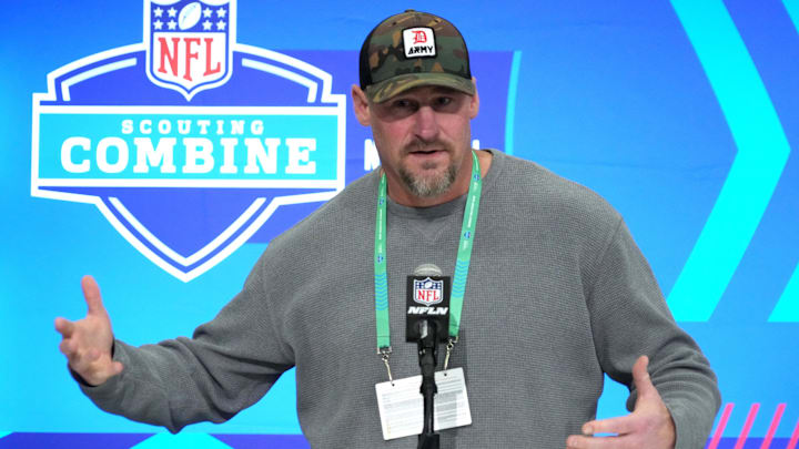 Feb 27, 2024; Indianapolis, IN, USA; Detroit Lions coach Dan Campbell during the NFL Scouting Combine at Indiana Convention Center. Mandatory Credit: Kirby Lee-Imagn Images Feb 27, 2024; Indianapolis, IN, USA; Detroit Lions coach Dan Campbell during the NFL Scouting Combine at Indiana Convention Center. Mandatory Credit: Kirby Lee-Imagn Images