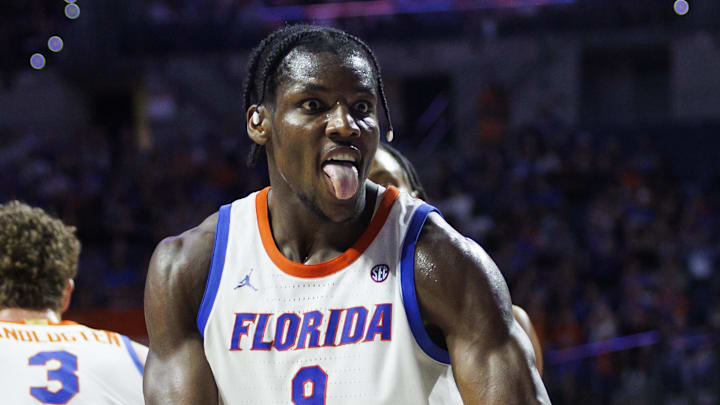Mar 3, 2026; Gainesville, Florida, USA; Florida Gators center Rueben Chinyelu (9) reacts after a dunk against the Mississippi State Bulldogs during the second half at Exactech Arena at the Stephen C. O'Connell Center. Mandatory Credit: Morgan Tencza-Imagn Images