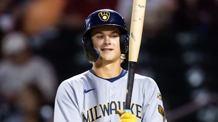 Nov 9, 2025; Mesa, AZ, USA; Milwaukee Brewers outfielder Josh Adamczewski during the Arizona Fall League Fall Stars Game at Sloan Park. Mandatory Credit: Mark J. Rebilas-Imagn Images