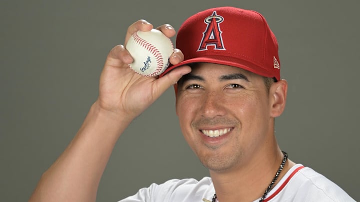 Angels relief pitcher Robert Stephenson (24) poses for a photo on media day in Tempe, AZ. 