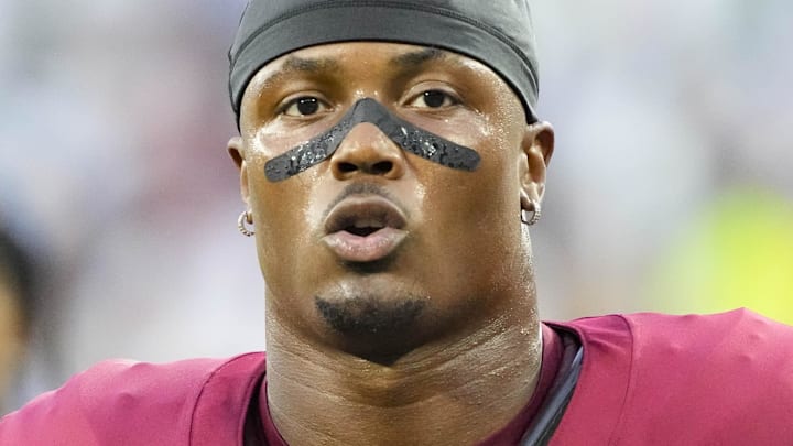 Sep 11, 2025; Green Bay, Wisconsin, USA;  Washington Commanders wide receiver Terry McLaurin (17) prior to the game against the Green Bay Packers at Lambeau Field. 