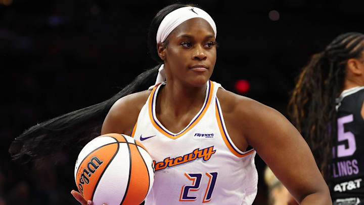 May 11, 2025; Phoenix, AZ, USA; Phoenix Mercury center Kalani Brown (21) against the Golden State Valkyries during a preseason game at PHX Arena. Mandatory Credit: Mark J. Rebilas-Imagn Images