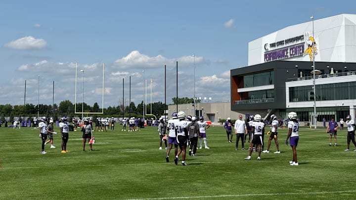 Vikings players before Day 6 of training camp on Tuesday.