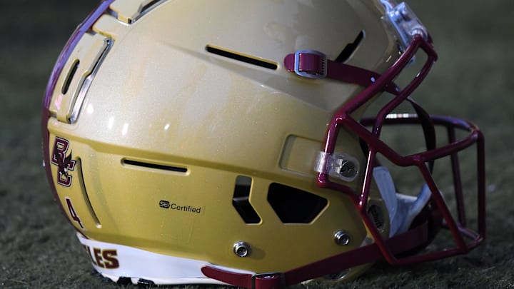 Sep 1, 2017; DeKalb, IL, USA; A detailed view of the Boston College Eagles helmet before the game against the Northern Illinois Huskies at Huskie Stadium. Mandatory Credit: Mike DiNovo-Imagn Images