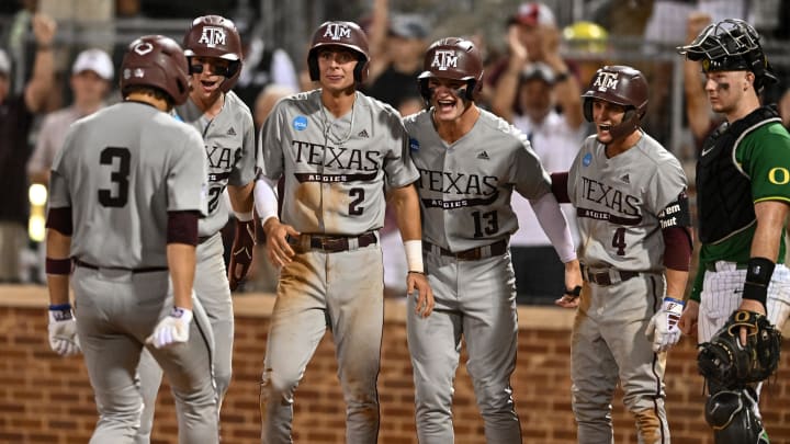 Jun 9, 2024; College Station, TX, USA; Texas A&M infielder Kaeden Kent (3) hits a grand slam in the top of the seventh inning against Oregon at Olsen Field, Blue Bell Park.