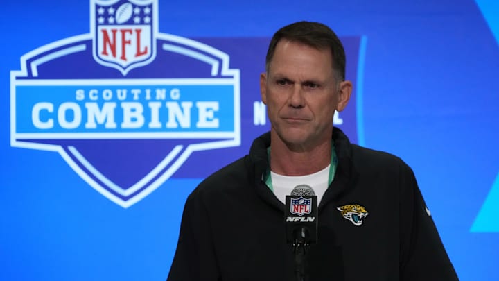 Feb 27, 2024; Indianapolis, IN, USA; Jacksonville Jaguars general manager Trent Baalke speaks at a press conference at the NFL Scouting Combine at Indiana Convention Center. Mandatory Credit: Kirby Lee-Imagn Images