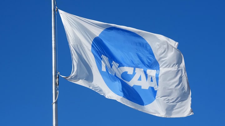 Jun 11, 2025; Eugene, OR, USA;A NCAA logo flag at the NCAA Track and Field Championships at Hayward Field. Mandatory Credit: Kirby Lee-Imagn Images