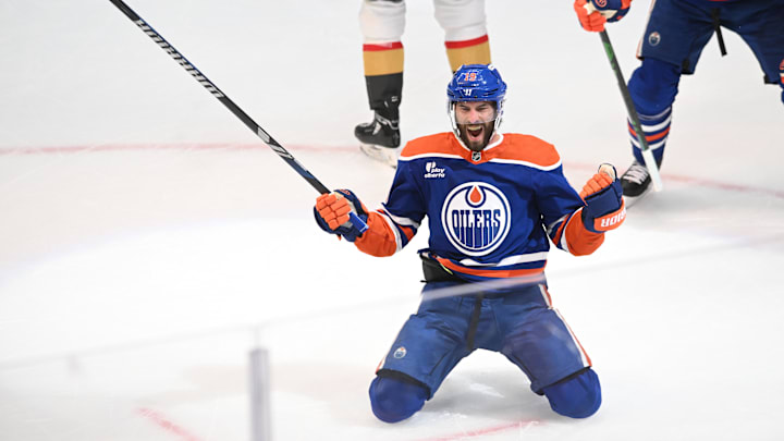 May 12, 2025; Edmonton, Alberta, CAN; Edmonton Oilers centre Adam Henrique (19) celebrates a goal during the first period against the Vegas Gold Knights in game three of the second round of the 2025 Stanley Cup Playoffs at Rogers Place. Mandatory Credit: Walter Tychnowicz-Imagn Images