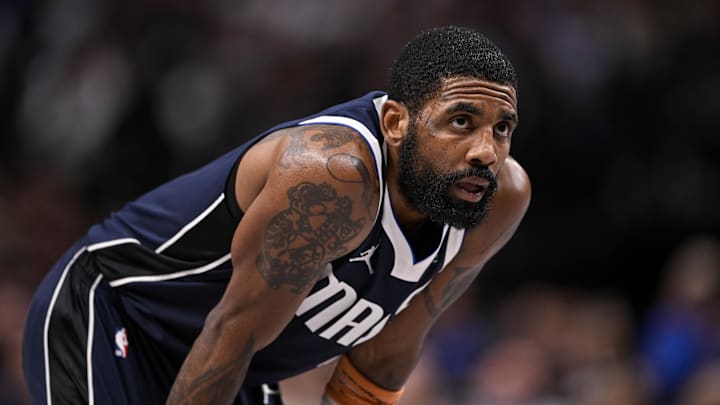 Feb 12, 2025; Dallas, Texas, USA; Dallas Mavericks guard Kyrie Irving (11) during the game between the Dallas Mavericks and the Golden State Warriors at the American Airlines Center. Mandatory Credit: Jerome Miron-Imagn Images