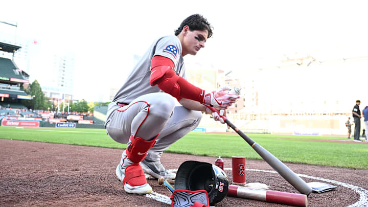 Aug 27, 2025; Baltimore, Maryland, USA;  Boston Red Sox outfielder Roman Anthony (19) prepares to bat before the game between the Baltimore Orioles and the Boston Red Sox at Oriole Park at Camden Yards. Mandatory Credit: James A. Pittman-Imagn Images
