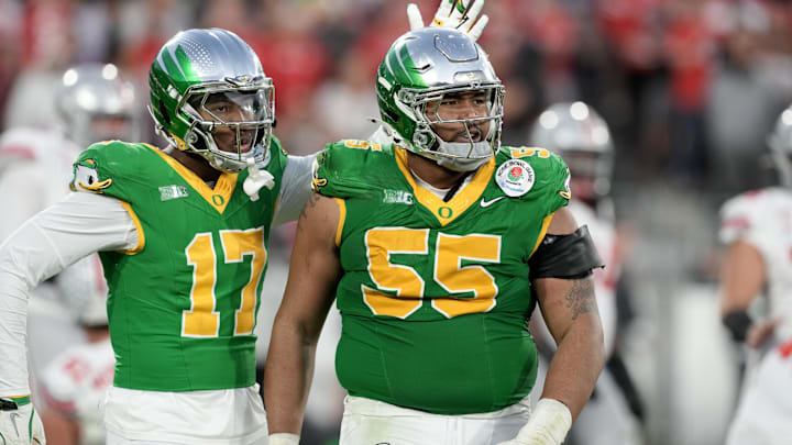 Jan 1, 2025; Pasadena, CA, USA; Oregon Ducks defensive lineman Derrick Harmon (55) reacts in the second half against the Ohio State Buckeyes in the 2025 Rose Bowl college football quarterfinal game at Rose Bowl Stadium. Mandatory Credit: Kirby Lee-Imagn Images