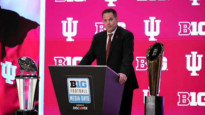 Jul 22, 2025; Las Vegas, NV, USA; Indiana head coach Curt Cignetti speaks to the media during the Big Ten NCAA college football media days at Mandalay Bay Resort. Mandatory Credit: Lucas Peltier-Imagn Images