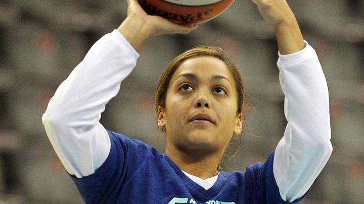 May 22, 2012; Newark, NJ, USA; New York Liberty guard Leilani Mitchell (5) warms up before a game against the Minnesota Lynx at the Prudential Center. Mandatory Credit: Brad Penner-Imagn Images