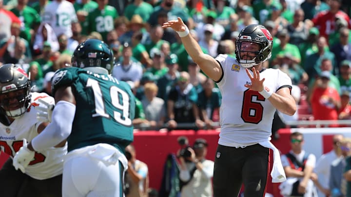 Sep 29, 2024; Tampa, Florida, USA; Tampa Bay Buccaneers quarterback Baker Mayfield (6) throws the ball against the Philadelphia Eagles during the first quarter at Raymond James Stadium. Mandatory Credit: Kim Klement Neitzel-Imagn Images