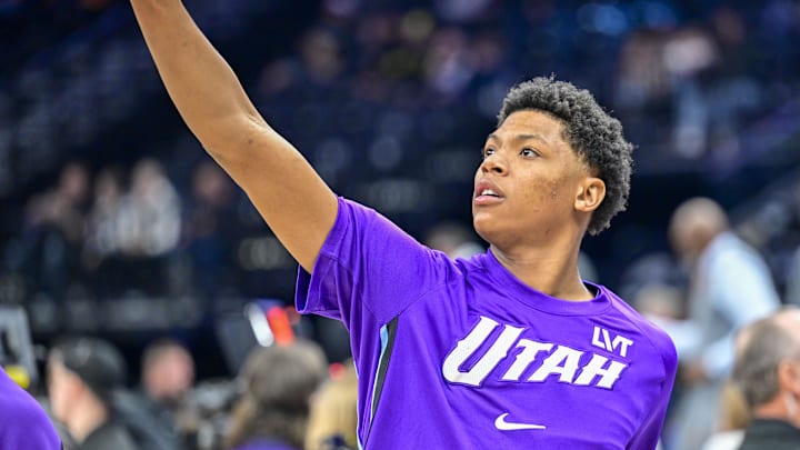 Mar 2, 2026; Salt Lake City, Utah, USA; Utah Jazz forward Ace Bailey (19) warms up before the game against the Denver Nuggets at Delta Center. Mandatory Credit: Peter Creveling-Imagn Images