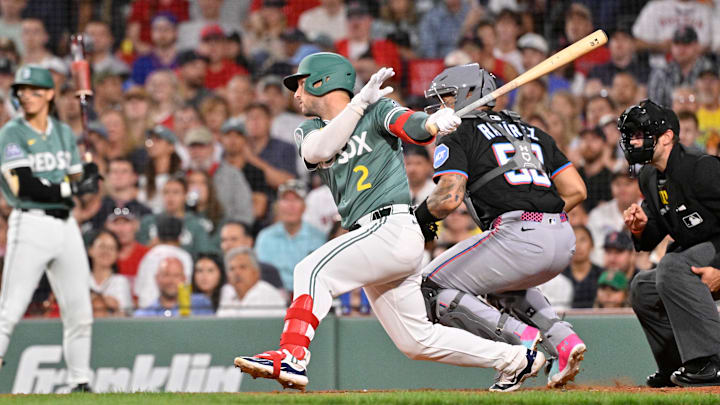 Aug 15, 2025; Boston, Massachusetts, USA; Boston Red Sox third baseman Alex Bregman (2) hits a one-run RBI double to tie the game during the sixth inning against the Miami Marlins at Fenway Park. Mandatory Credit: Eric Canha-Imagn Images Aug 15, 2025; Boston, Massachusetts, USA; Boston Red Sox third baseman Alex Bregman (2) hits a one-run RBI double to tie the game during the sixth inning against the Miami Marlins at Fenway Park. Mandatory Credit: Eric Canha-Imagn Images