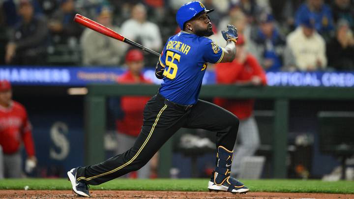 Sep 24, 2026; Seattle, Washington, USA; Seattle Mariners left fielder Randy Arozarena (56) hits a double against the Los Angeles Angels during the third inning at T-Mobile Park. Mandatory Credit: Steven Bisig-Imagn Images Sep 24, 2026; Seattle, Washington, USA; Seattle Mariners left fielder Randy Arozarena (56) hits a double against the Los Angeles Angels during the third inning at T-Mobile Park. Mandatory Credit: Steven Bisig-Imagn Images