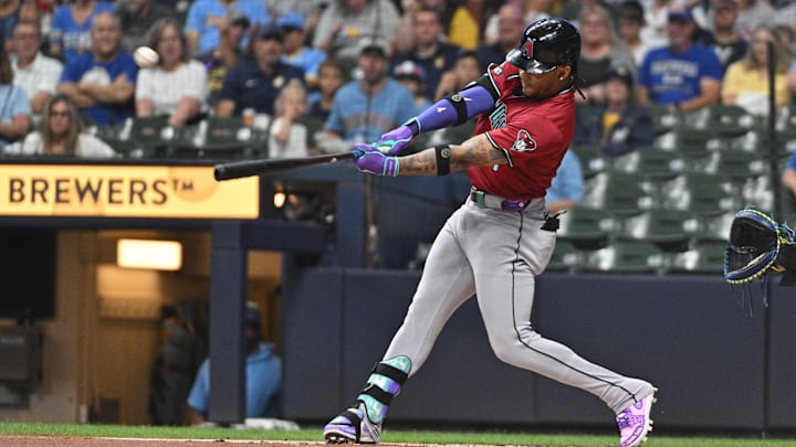 Sep 20, 2024; Milwaukee, Wisconsin, USA; Arizona Diamondbacks second base Ketel Marte (4) hits a home run against the Milwaukee Brewers in the first inning at American Family Field. Mandatory Credit: Michael McLoone-Imagn Images