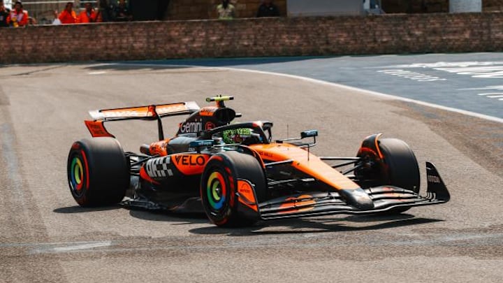 Lando Norris, McLaren, in FP1 for the Azerbaijan Grand Prix at the Baku City Circuit, Baku.