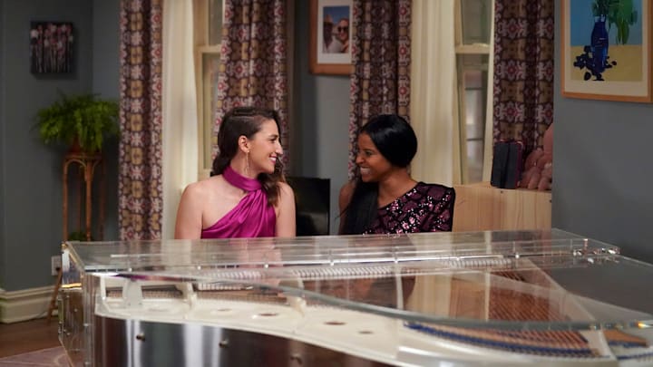 GIRLS5EVA -- "D'wasg" Episode 102 -- Pictured (l-r) Sara Bareilles as Dawn, Renée Elise Goldsberry as Wickie -- (Photo by: Heidi Gutman/Peacock)