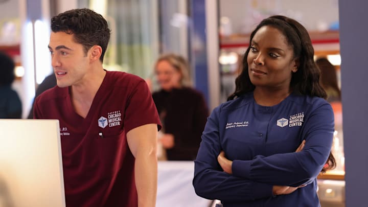 CHICAGO MED -- "Poster Child" Episode 1016 -- Pictured: (l-r) Darren Barnet as Dr. John Frost, Marlyne Barrett as Maggie Lockwood -- (Photo by: George Burns Jr/NBC)