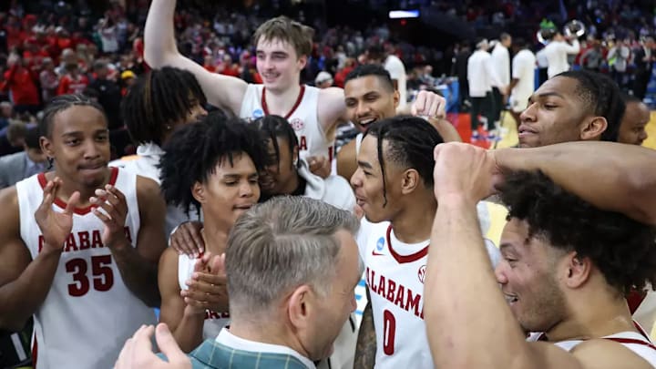 The Alabama Basketball Team celebrates after the game against Saint Mary's at Rocket Arena in Cleveland, OH on Sunday, Mar 23, 2025. The Alabama Basketball Team celebrates after the game against Saint Mary's at Rocket Arena in Cleveland, OH on Sunday, Mar 23, 2025.