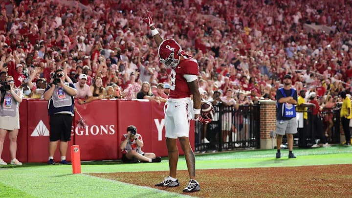 Alabama Wide Receiver Ryan Williams (2) shines under the lights against Western Kentucky University at Bryant-Denny Stadium in Tuscaloosa, AL on Saturday, Aug 31, 2024.