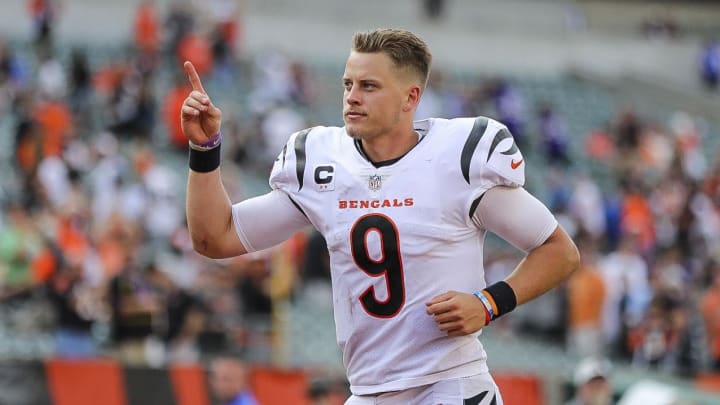 Sep 12, 2021; Cincinnati, Ohio, USA; Cincinnati Bengals quarterback Joe Burrow (9) runs off the field after the game against the Minnesota Vikings at Paul Brown Stadium. Mandatory Credit: Katie Stratman-USA TODAY Sports