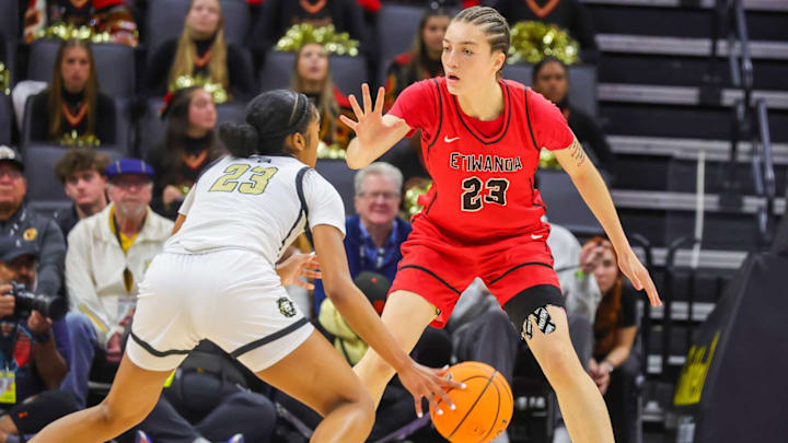 Etiwanda senior post Grace Knox (right), an LSU signee, defends  Archbishop Mitty freshman Maliya Hunter in the 2025 CIF State Open Division final at the Golden 1 Center in Sacramento. Etiwanda won going away to clinch its top ranking in the state for a third straight seasons. 