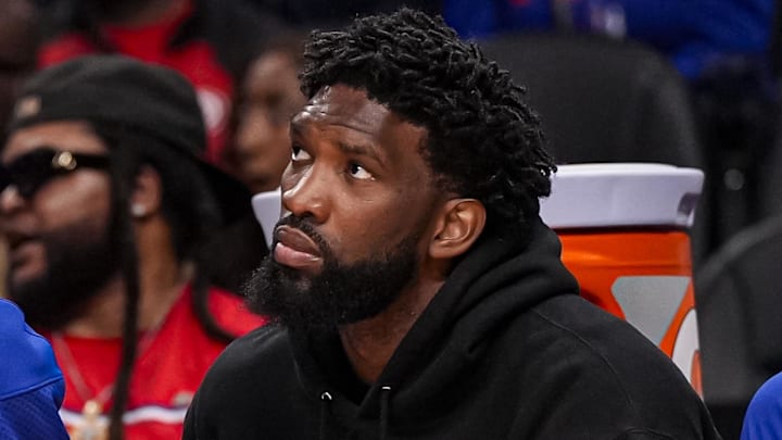Mar 7, 2026; Atlanta, Georgia, USA; Philadelphia 76ers center/forward Joel Embiid (21) shown on the bench during the game against the Atlanta Hawks during the first half at State Farm Arena. Mandatory Credit: Dale Zanine-Imagn Images