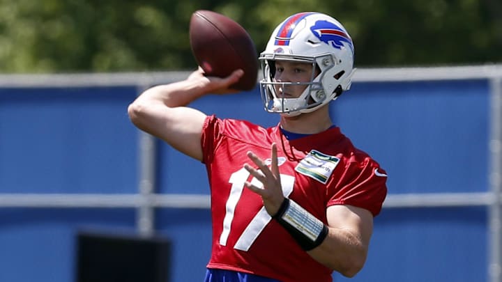 May 21, 2019; Orchard Park, NY, USA; Buffalo Bills quarterback Josh Allen (17) throws a pass during organized team activities at ADPRO Sports Training Center. 