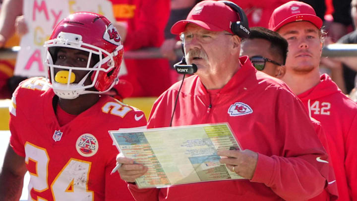 Oct 19, 2025; Kansas City, Missouri, USA; Kansas City Chiefs head coach Andy Reid looks on during the second quarter of the game against the Las Vegas Raiders at GEHA Field at Arrowhead Stadium.
