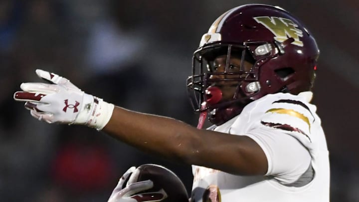 Woodruff Wolverines Aiden Gibson (32) reacts after getting a first down Friday, Sept. 12, 2025 during the SCHSL football game against the Woodmont Wildcats at Woodmont High School in Piedmont, South Carolina.