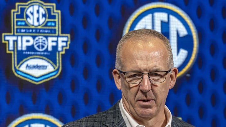 Oct 16, 2024; Birmingham, AL, USA; SEC commissioner Greg Sankey talks with the media during SEC Media Days at Grand Bohemian Hotel. Mandatory Credit: Vasha Hunt-Imagn Images